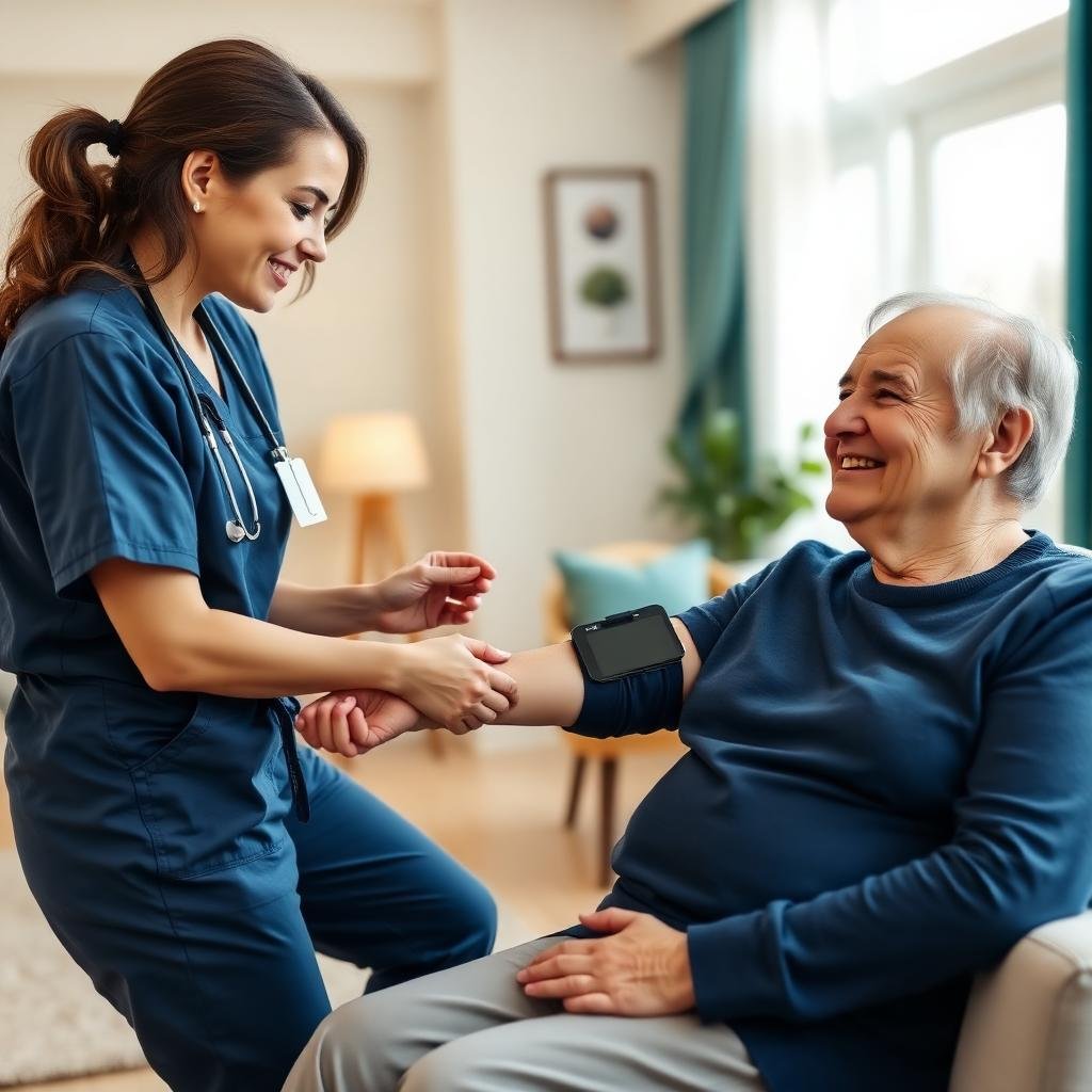 Nurse providing at-home diagnostic care to a smiling senior patient
