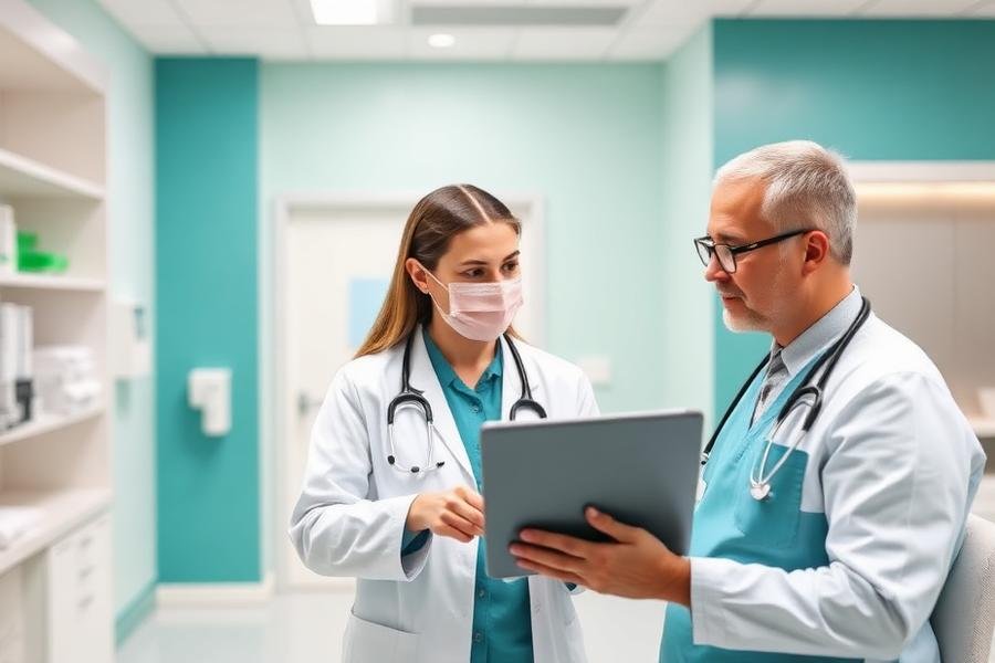 Physician and phlebotomist collaborating